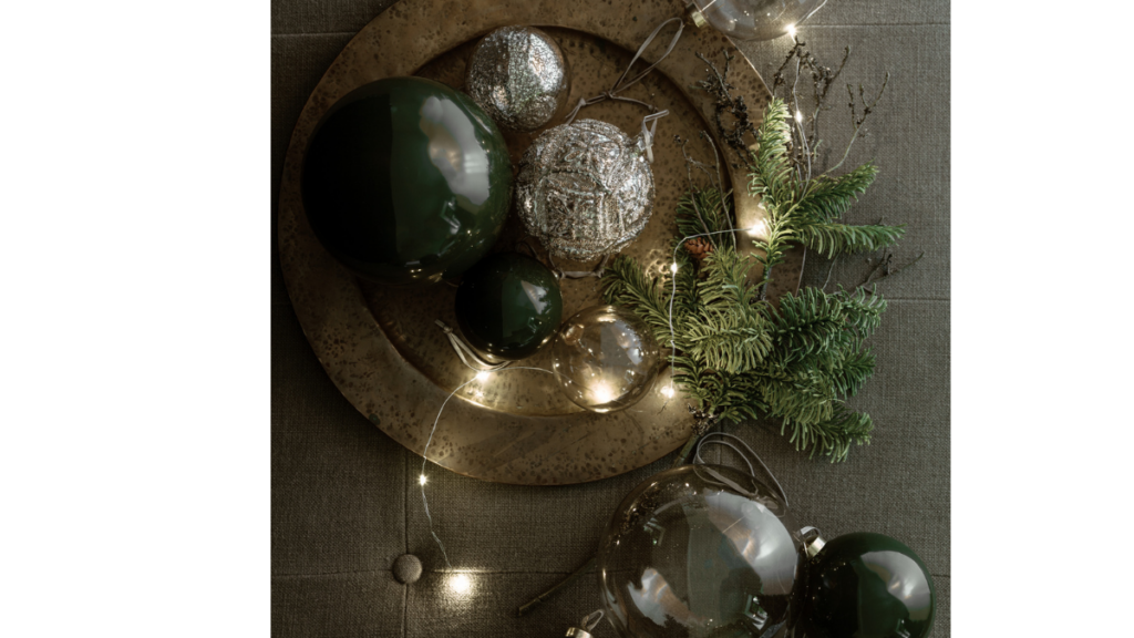 Christmas baubles on a tray