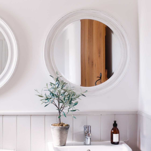 bathroom scene of mirror and basin unit with mini olive tree, a beautfiul way to start each morning 
