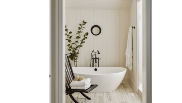 white stand alone bath with wooden slats on the walls