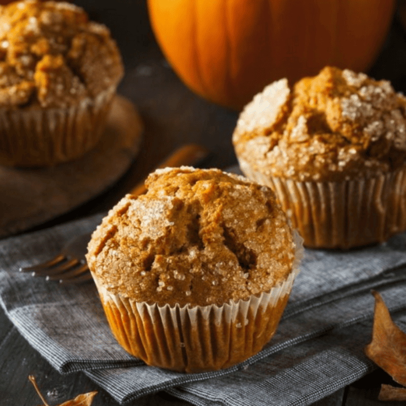 Pumpkin season ; two muffins freshly cooked on a grey napkin in the foreground, a large pumpkin in the background. 